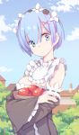  1girl apple blue_eyes blue_hair blush closed_mouth eyebrows_visible_through_hair food fruit hair_ornament highres holding_bag kook looking_at_viewer re:zero_kara_hajimeru_isekai_seikatsu rem_(re:zero) short_hair smile solo upper_body x_hair_ornament 