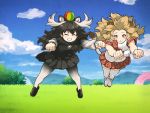  &gt;_&lt; 2girls animal_ears antlers ball clenched_hand duckface kemono_friends lion_(kemono_friends) lion_ears long_hair meme moose_(kemono_friends) moose_ears multiple_girls open_mouth skirt tail tanaka_kusao 