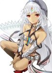  1girl altera_(fate) bandeau bangs bare_shoulders black_legwear breasts closed_mouth dark_skin detached_sleeves fate/extella fate/extra fate_(series) hanamuke highres indian_style kneehighs long_hair looking_at_viewer microskirt midriff nail_polish navel red_eyes simple_background sitting skirt small_breasts smile solo tattoo veil white_background white_hair white_skirt 