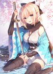  1girl black_bow black_legwear blonde_hair blush bow breasts cherry_blossoms commentary_request detached_sleeves fate/grand_order fate_(series) hair_bow japanese_clothes katana kimono medium_breasts obi partially_submerged petals planted_sword planted_weapon sakura_saber sash scarf shinsengumi short_kimono smile solo sword thigh-highs thighs toosaka_asagi weapon wet wet_clothes wide_sleeves 