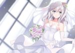  10s 1girl alternate_costume bare_shoulders blue_eyes blush bouquet bow breasts bridal_veil bride c: cleavage collarbone dress dress_lift dutch_angle elbow_gloves female flower formal gloves hair_between_eyes hair_flower hair_ornament highres jewelry kantai_collection kashima_(kantai_collection) long_dress long_hair looking_at_viewer medium_breasts nagiha_kuten neck pink_flower pink_rose rose shade sidelocks silver_hair smile solo standing strapless strapless_dress tiara tsurime two_side_up veil wavy_hair wedding_dress white_bow white_dress white_flower white_gloves white_rose 