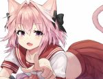  1boy animal_ears blush braid cat_ears cat_tail fang fate/grand_order fate_(series) hair_ribbon highres long_hair lying male_focus on_stomach open_mouth pink_hair pointing ribbon rider_of_black school_uniform serafuku single_braid smile tail trap violet_eyes vsi0v 