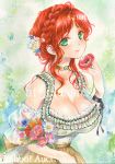  1girl artist_name at_classics braid breasts choker cleavage closed_mouth crown_braid detached_sleeves flower frills green_eyes hair_flower hair_ornament holding holding_flower large_breasts looking_at_viewer original puffy_short_sleeves puffy_sleeves redhead sample see-through short_sleeves sidelocks smile solo traditional_media watermark 