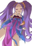  1girl absurdres dutch_angle fate/grand_order fate_(series) forehead from_below half-closed_eyes hand_up highres legs_apart long_hair looking_at_viewer parted_lips pelvic_curtain purple_hair sidelocks simple_background smile solo standing thighs twintails very_long_hair violet_eyes white_background wide_sleeves wu_zetian_(fate/grand_order) yamamoto_souichirou 