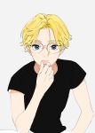  1boy black_shirt blonde_hair blue_eyes commentary_request glasses grey_background hand_on_own_face looking_at_viewer male_focus messy_hair original pinching shirt simple_background sitting solo tmku 