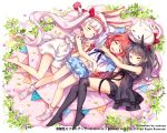  3girls animal animal_ears artist_name bangs bare_legs barefoot black_hair black_hairband black_legwear black_shoes blue_shorts blunt_bangs blush cat character_request closed_mouth copyright_name fake_animal_ears feet hairband kai-ri-sei_million_arthur lying midriff_peek multiple_girls navel nyanya official_art on_back on_side open_mouth pink_hair rabbit_ears shoes short_shorts shorts sleeping socks thigh-highs twintails uasaha white_hair 