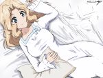  1girl artist_name bed blonde_hair blue_eyes bukkuri closed_mouth dated dress eyebrows_visible_through_hair from_above girls_und_panzer hair_intakes kay_(girls_und_panzer) long_hair looking_at_viewer lying on_back pajamas pillow signature smile solo white_dress 
