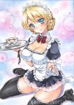  1girl alternate_costume apron artist_name at_classics bangs black_legwear black_shoes blonde_hair blue_eyes blush bow bowtie braid breasts cleavage closed_mouth cup darjeeling detached_collar enmaided eyebrows_visible_through_hair french_braid frilled_apron frills girls_und_panzer holding holding_tray looking_at_viewer maid maid_headdress medium_breasts red_bow red_bowtie sample saucer shoes short_hair sitting smile solo teacup thigh-highs traditional_media tray waist_apron wariza watermark white_apron zettai_ryouiki 