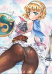  1girl aqua_eyes artist_name ass at_classics bangs blonde_hair blush breasts brown_legwear cassandra_alexandra cleavage closed_mouth elbow_gloves eyebrows_visible_through_hair from_behind gloves hairband holding holding_shield holding_sword holding_weapon large_breasts looking_at_viewer looking_back panties panties_under_pantyhose pantyhose sample shield short_hair smile solo soul_calibur sword traditional_media underwear watermark weapon white_gloves 