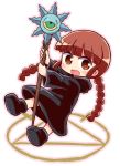  1girl blush braid brown_eyes brown_hair chibi eyebrows_visible_through_hair full_body holding holding_staff kukuri long_hair looking_at_viewer mahoujin_guruguru naga_u open_mouth smile solo staff twin_braids 