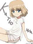  1girl arm_support artist_name bangs bukkuri casual character_name closed_mouth cyrillic dated eyebrows_visible_through_hair from_side girls_und_panzer invisible_chair katyusha leaning_back light_smile looking_at_viewer shirt short_hair short_short short_sleeves shorts signature simple_background sitting solo white_background white_shirt white_shorts 