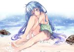  1girl barefoot blue_eyes blue_hair blush breasts closed_eyes copyright_request duel_monster eria eyebrows_visible_through_hair large_breasts long_hair looking_at_viewer sideboob sitting smile solo yu-gi-oh! yukishiro_arute 