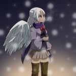  1girl :o alternate_costume beige_skirt black_background black_shirt blurry boots bow bowtie breath can cato_(monocatienus) coat depth_of_field half_updo holding holding_can kishin_sagume looking_to_the_side looking_up miniskirt open_clothes open_coat purple_scarf red_eyes red_neckwear scarf shirt short_hair silver_hair single_wing skirt snowing solo thigh-highs thigh_boots touhou wings 