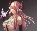  1girl antiqq bare_shoulders black_background black_gloves blue_eyes braid breasts butterfly closed_mouth collared_shirt commentary_request demon_horns doraf fingerless_gloves gloves granblue_fantasy hair_ornament hair_over_one_eye horns large_breasts long_hair looking_at_viewer low-tied_long_hair narumeia_(granblue_fantasy) pink_hair pointy_ears shirt single_braid sleeveless sleeveless_shirt smile solo upper_body white_shirt 
