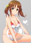  1girl ball bangs bare_shoulders beachball beads bikini blush breasts brown_eyes brown_hair cleavage collarbone commentary_request front-tie_bikini front-tie_top grey_background heart hips idolmaster idolmaster_cinderella_girls large_breasts looking_at_viewer natsuya sidelocks simple_background sitting smile solo swimsuit thighs totoki_airi twintails white_bikini 