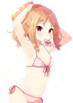  1girl armpits arms_up bikini blonde_hair bow breasts closed_mouth commentary_request drill_hair eromanga_sensei eyebrows_visible_through_hair front-tie_top hair_bow highres long_hair looking_at_viewer mafuyu_(chibi21) mouth_hold pink_bow red_eyes side-tie_bikini sidelocks simple_background small_breasts solo standing striped striped_bikini swimsuit twin_drills tying_hair white_background yamada_elf 