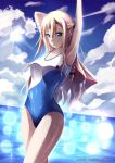  arms_up blonde_hair blue_sky braid breasts clouds high_school_fleet highleg long_hair looking_at_viewer medium_breasts mimelex single_braid sky swimsuit watermark web_address wet wilhelmina_braunschweig_ingenohl_friedeburg 