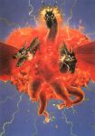  blue_background dragon electricity embers fire flying godzilla_(series) highres horns kaijuu king_ghidorah monster multiple_heads multiple_tails pink_eyes scales simple_background solo tail teath tongue tongue_out two_tails wings 