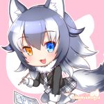  1girl animal_ears black_hair blue_eyes blush breasts chibi cleavage fang fur_collar gloves grey_wolf_(kemono_friends) heterochromia kemono_friends long_hair long_sleeves looking_at_viewer multicolored_hair necktie open_mouth pencil shibi skirt solo tail two-tone_hair wolf_ears wolf_tail yellow_eyes 