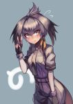  1girl bird_tail bird_wings black_gloves black_hair blush bodystocking breast_pocket breasts closed_mouth collared_shirt eyebrows_visible_through_hair feathered_wings fingerless_gloves gloves grey_hair grey_necktie grey_shirt grey_shorts hair_between_eyes head_wings hrtyuk kemono_friends long_hair looking_at_viewer low_ponytail medium_breasts necktie orange_hair pocket shirt shoebill_(kemono_friends) short_sleeves shorts side_ponytail silver_hair solo v wings yellow_eyes 