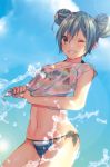  1girl alternate_hairstyle bikini clouds cowboy_shot double_bun grin hatsune_miku nail_polish one_eye_closed shiomizu_(swat) side-tie_bikini sky smile solo swimsuit vocaloid water wet 