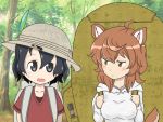  2girls a-king ahoge animal_ears backpack bag black_eyes black_hair brown_hair bucket_hat commentary crossover day dungeon_ni_deai_wo_motomeru_no_wa_machigatteiru_darou_ka forest hat hat_feather kaban_(kemono_friends) kemono_friends liliruca_arde looking_at_another multiple_girls nature open_mouth outdoors red_shirt shirt short_hair sweatdrop tail trait_connection tree upper_body yellow_eyes 