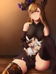  1girl against_wall bare_shoulders black_legwear breasts brown_eyes brown_hair closed_mouth commentary gloves granblue_fantasy head_tilt highres long_hair looking_away medium_breasts mengo navel on_floor sitting smile solo song_(granblue_fantasy) thigh-highs white_gloves 