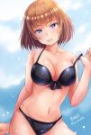  1girl arm_support artist_name bikini black_bikini brave_witches breasts brown_hair cowboy_shot front-tie_top gundula_rall haruhata_mutsuki looking_at_viewer medium_breasts navel parted_lips short_hair solo swimsuit twitter_username violet_eyes world_witches_series 