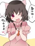  1girl animal_ears brown_hair commentary_request dress hammer_(sunset_beach) hands_clasped heart inaba_tewi jewelry looking_at_viewer necklace one_eye_closed open_mouth pink_dress rabbit_ears red_eyes short_hair smile solo touhou translation_request upper_body 
