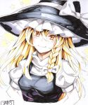  1girl asutora black_hat blonde_hair bow braid closed_mouth hair_between_eyes hair_bow hat hat_bow highres kirisame_marisa long_hair looking_at_viewer puffy_short_sleeves puffy_sleeves short_sleeves side_braid simple_background smile solo star touhou upper_body vest white_background white_bow witch_hat yellow_eyes 