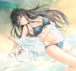 10s 1girl bikini black_hair breasts cleavage haruna_(kantai_collection) irohakaede kantai_collection long_hair shore solo striped striped_bikini swimsuit 