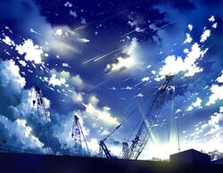  clouds cloudy_sky crane highres louders no_humans original scenery shooting_star sky star_(sky) starry_sky sunrise 