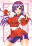  1girl artist_name asamiya_athena at_classics bangs bike_shorts breasts cowboy_shot earrings eyebrows_visible_through_hair fingerless_gloves gloves hair_ornament hairband jewelry large_breasts long_hair looking_at_viewer open_mouth purple_hair red_gloves sample short_sleeves solo star star_hair_ornament the_king_of_fighters traditional_media violet_eyes watermark 