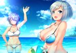  10s :d ^_^ arm_up azihurai ball bangs beachball bikini blue_bikini blue_eyes blue_sky blush breasts cleavage closed_eyes clouds cloudy_sky collarbone eyebrows_visible_through_hair eyepatch grin hair_between_eyes hair_ornament hair_over_one_eye hairclip hamakaze_(kantai_collection) horizon kantai_collection large_breasts lens_flare looking_at_viewer navel ocean open_mouth outdoors purple_hair short_hair silver_hair sky smile swimsuit tenryuu_(kantai_collection) thighs wading white_bikini 
