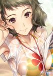  akira_(natsumemo) arm_up armpit_peek beach black_hair breasts brown_eyes closed_mouth commentary_request day kawakami_sadayo large_breasts lifted_by_self long_hair outdoors persona persona_5 print_shirt see-through shirt shirt_lift short_hair short_sleeves smile striped_bikini_top upper_body water wet wet_clothes wet_shirt whistle white_shirt 