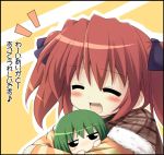  chibi green_hair happy hug iwasaki_minami kobayakawa_yutaka lucky_star red_hair redhead short_hair short_twintails six_alchemy tekehiro translated translation_request twintails 