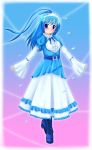 1girl blue_hair boots costume dress frills long_hair manaphy personification pokemon solo 