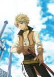  blonde_hair blue_eyes choker gloves guy_cecil male smile sword tales_of_(series) tales_of_the_abyss weapon 