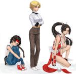  bad_id black_hair blonde_hair braid brown_hair headband highres king_(snk) king_of_fighters kneeling long_hair pon reverse_trap sakazaki_yuri shiranui_mai shoes short_hair sneakers snk squat yuri_sakazaki 