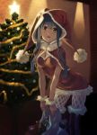  blue_hair blush boots breasts brown_eyes capelet christmas christmas_tree hat jester_cap lips long_hair open_mouth original pantyhose santa_costume santa_hat shimotsuki_eight stocking_cap thigh-highs thigh_boots thighhighs 