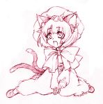  bad_id cat_ears cat_tail chen earrings fang hat jewelry monochrome multi_tail multiple_tails pink short_hair sketch tail touhou wendy_(artist) 