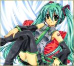 detached_sleeves green_eyes hatsune_miku headset imoko. long_hair maiko_(artist) necktie panties shikishi sitting skirt striped striped_panties thigh-highs thighhighs traditional_media twintails underwear very_long_hair vocaloid 