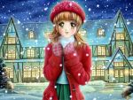  brown_hair coat hat mittens smile snow snowing 