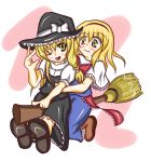  alice_margatroid blonde_hair blush broom broom_riding hat highres kirisame_marisa long_hair multiple_girls shi_ecchi touhou wink witch_hat yellow_eyes 