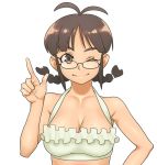  antenna_hair bad_id braid breasts brown_eyes brown_hair bust cleavage glasses hamanasu idolmaster pointing pointing_up simple_background smile solo twin_braids wink 