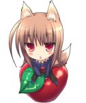  apple apples brown_hair chibi chimaro food fruit holo long_hair lowres red_eyes spice_and_wolf tail wolf_ears 