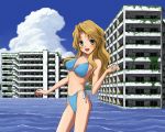  brown_hair building buildings dream_c_club futaba_riho green_eyes isozaki_bebebe long_hair overgrown ruins scenery swimsuit water 