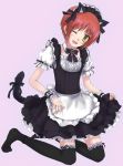  alternate_costume animal_ears asdf17 black_dress bow cat_ears crossdressing crossdressinging dress enmaided maid male mao_(tor) purple_background red_hair redhead smile tales_of_(series) tales_of_rebirth thigh-highs thighhighs trap wink yellow_eyes 