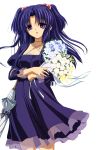  1girl bouquet casual clannad dress flower hair_bobbles hair_ornament highres ichinose_kotomi long_hair official_art parasol purple_eyes solo transparent_background transparent_png two_side_up umbrella violet_eyes 