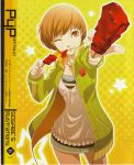  absurdres brown_eyes brown_hair dress food highres meat open_clothes open_jacket persona persona_4 pointing satonaka_chie scan short_hair skirt smile solo track_jacket wink 
